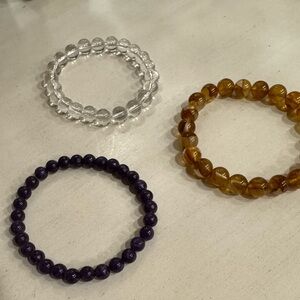 3 Beaded Stretch Bracelets - Golden Healer, Clear Quartz, and Lepidolite